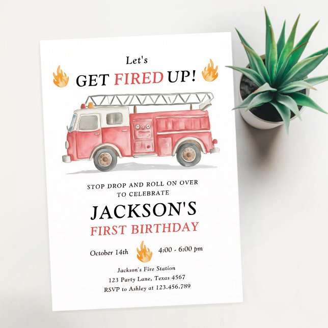 Fire Truck Let's Get Fired Up Boy Birthday Invitation (Creator Uploaded)