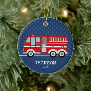 Fire Truck Navy Blue Polka Dot Personalized Kids Ceramic Tree Decoration