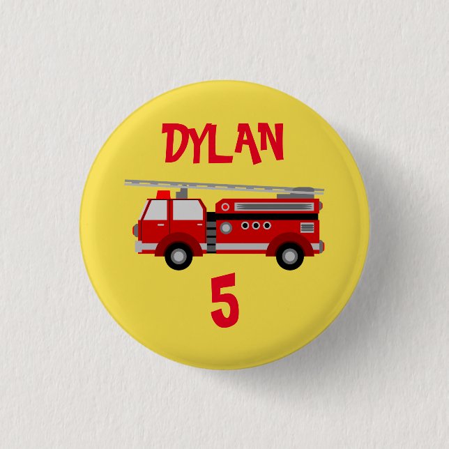 Fire truck Party Birthday button badge (Front)