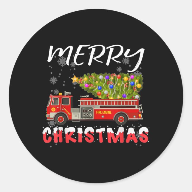 Fire Truck Pine Tree Firefighter Christmas Family Classic Round Sticker (Front)