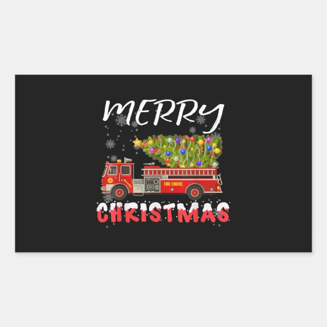 Fire Truck Pine Tree Firefighter Christmas Family Rectangular Sticker (Front)
