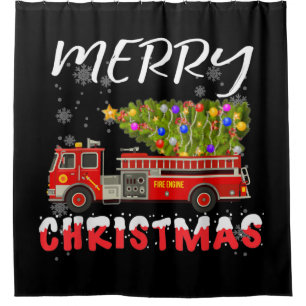 Fire Truck Pine Tree Firefighter Christmas Family Shower Curtain