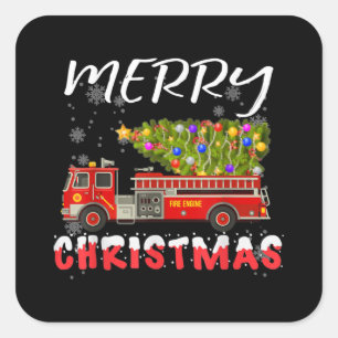 Fire Truck Pine Tree Firefighter Christmas Family Square Sticker