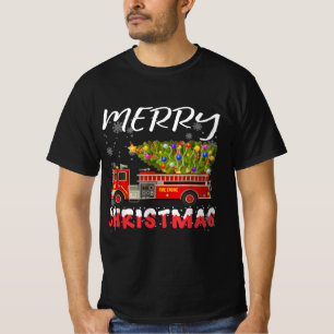 Fire Truck Pine Tree Firefighter Christmas Family T-Shirt