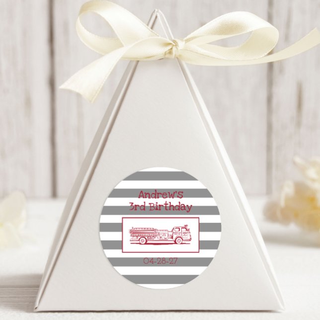 Fire Truck Red Boys Fun Birthday Favour Classic Round Sticker (Creator Uploaded)