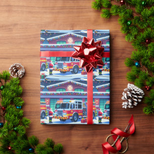 Fire Truck   Santa and Christmas Tree Wrapping Paper