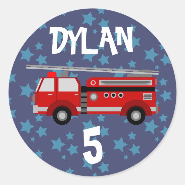 Fire truck Space Blue Birthday Classic Round Sticker (Front)