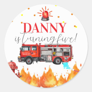 Fire Truck Theme Birthday Round Sticker