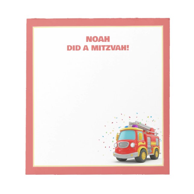 Fire Truck Themed Personalised Mitzvah  Notepad (Front)