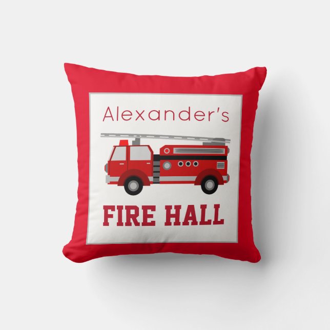 Fire Truck Vehicle Theme Custom Name on Red Cushion (Front)