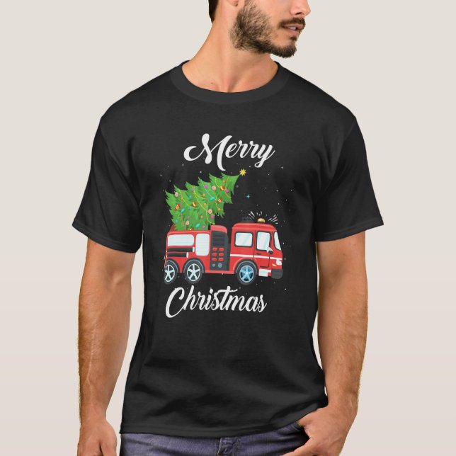 Fire Truck Xmas Tree Firefighter T-Shirt (Front)