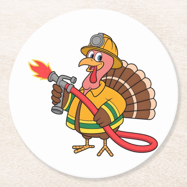 Fire trucks Firefighter Thanksgiving Turkey   Round Paper Coaster (Front)