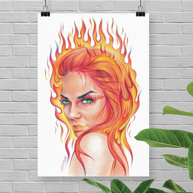 Fire Woman Surreal fantasy Portrait drawing art Poster (Creator Uploaded)