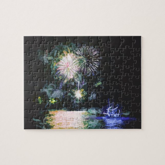 Fire Works Celebration Ocean Boat Watercolor Jigsaw Puzzle (Horizontal)