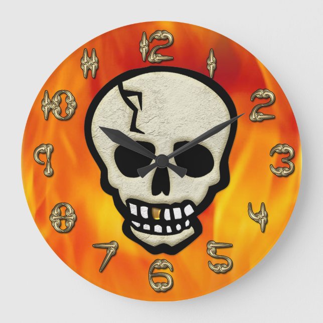 Fire-y Skull with Numerals Made of Bones Large Clock (Front)