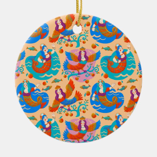 Firebirds and mermaids ceramic tree decoration (Front)