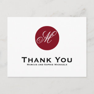 Firebrick Red Circle Monogram Thank You Postcard
