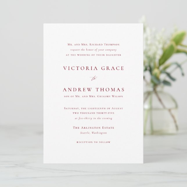 Firebrick Red Simple Typography Formal Wedding Invitation (Standing Front)