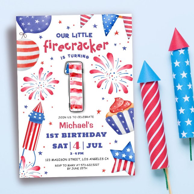 Firecracker 4th July 1st Birthday Patriotic Cute Invitation (Creator Uploaded)