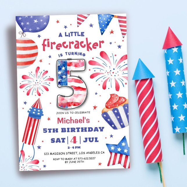 Firecracker 4th July 5th Birthday Patriotic Cute Invitation (Creator Uploaded)