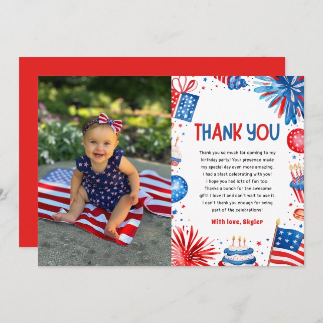 Firecracker 4th Of July Birthday Thank you card (Front/Back)