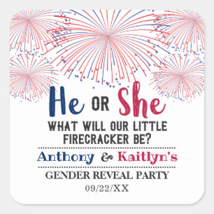 Firecracker 4th Of July Gender Reveal Party Square Sticker