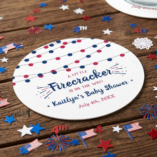 Firecracker On The Way! 4th Of July Baby Round Paper Coaster
