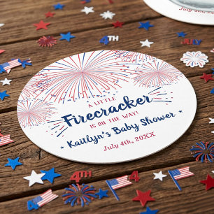 Firecracker On The Way! 4th Of July Baby Round Paper Coaster