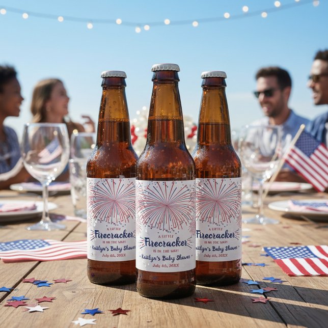 Firecracker On The Way! 4th Of July Baby Shower Beer Bottle Label (Creator Uploaded)