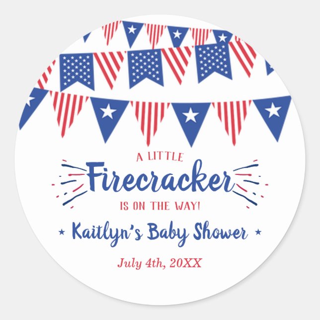 Firecracker On The Way! 4th Of July Baby Shower Classic Round Sticker (Front)