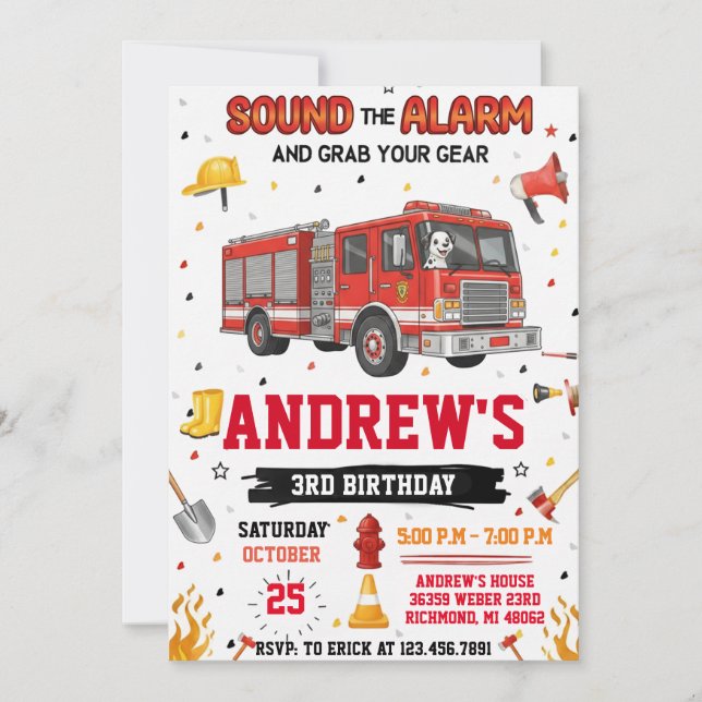 FireFigher truck Birthday with Custom image Invitation (Front)
