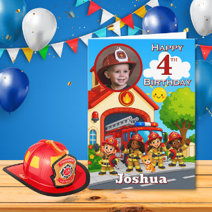 Firefighter 4th Birthday Photo Card