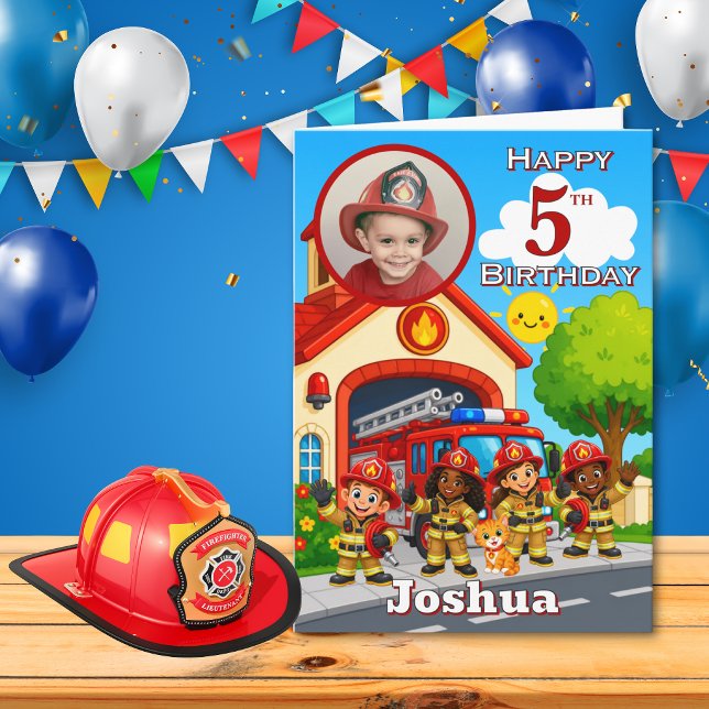 Firefighter 5th Birthday Photo Card (Creator Uploaded)