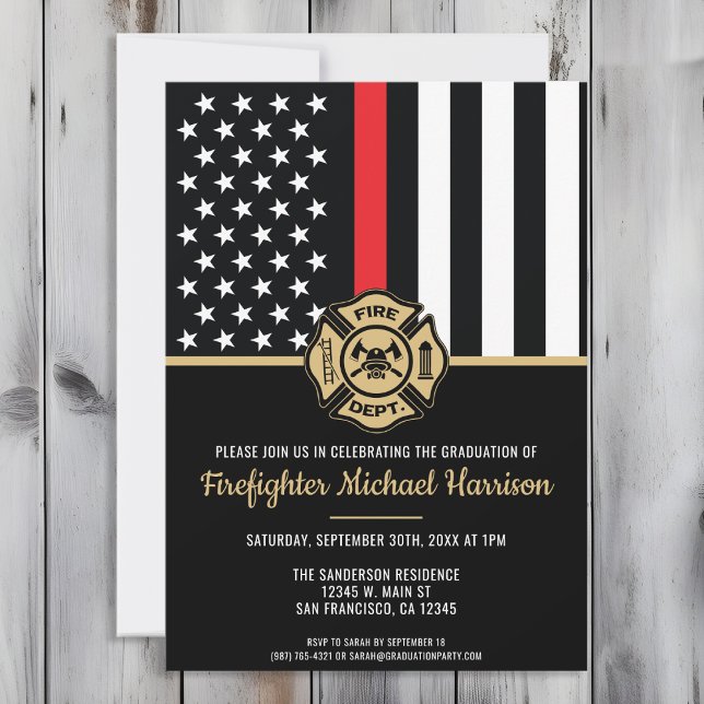Firefighter Academy Graduation Red Flag Fireman Invitation (Perfect invitation to invite guests to celebrate the new fire academy graduate in fire fighting!)