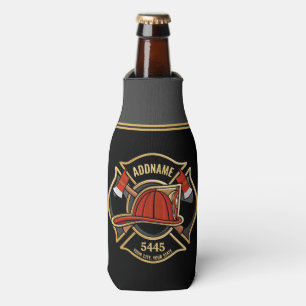 Firefighter ADD NAME Fire Station Department Badge Bottle Cooler