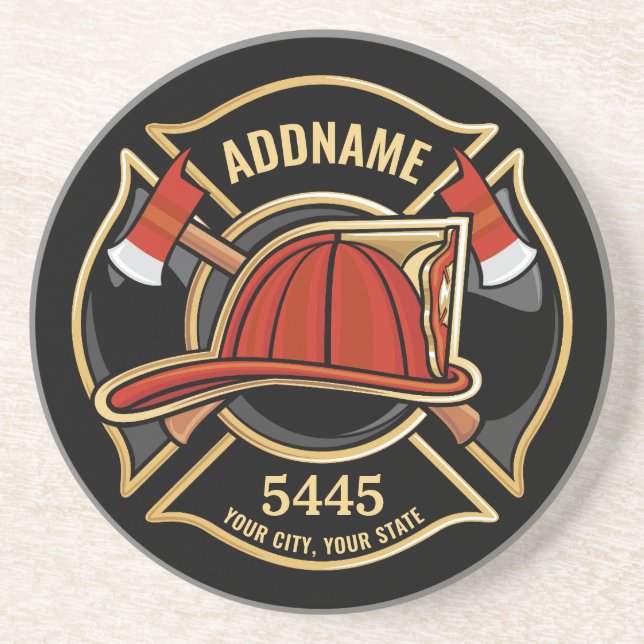 Firefighter ADD NAME Fire Station Department Badge Coaster (Front)