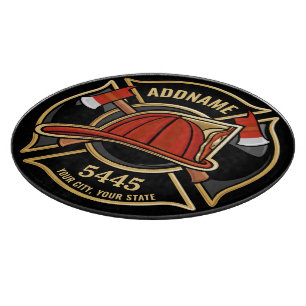 Firefighter ADD NAME Fire Station Department Badge Cutting Board