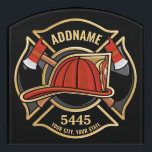 Firefighter ADD NAME Fire Station Department Badge Door Sign<br><div class="desc">Firefighter NAME Fireman Fire Department - Emblem with Red Helmet and Axe. Customise with your Name,  Station/Dept Number and location.</div>