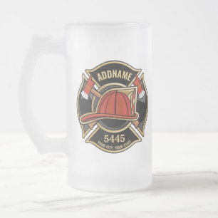 Firefighter ADD NAME Fire Station Department Badge Frosted Glass Beer Mug