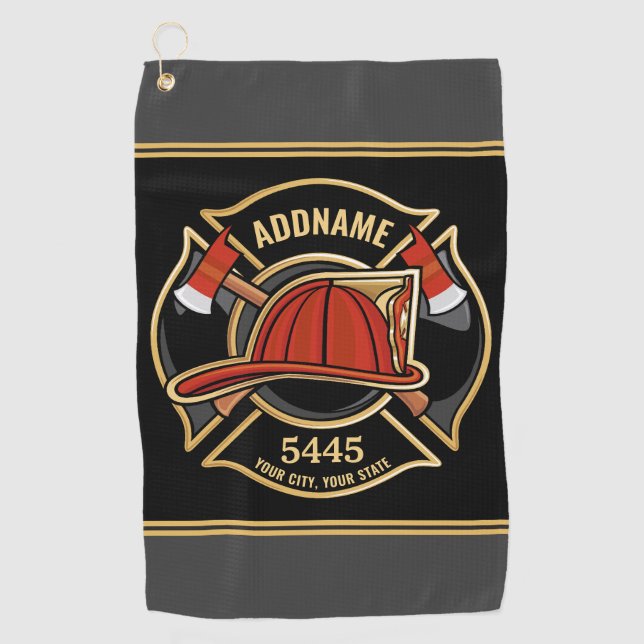 Firefighter ADD NAME Fire Station Department Badge Golf Towel (Front)