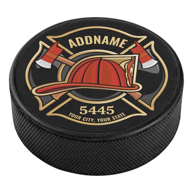 Firefighter ADD NAME Fire Station Department Badge Hockey Puck (3/4)
