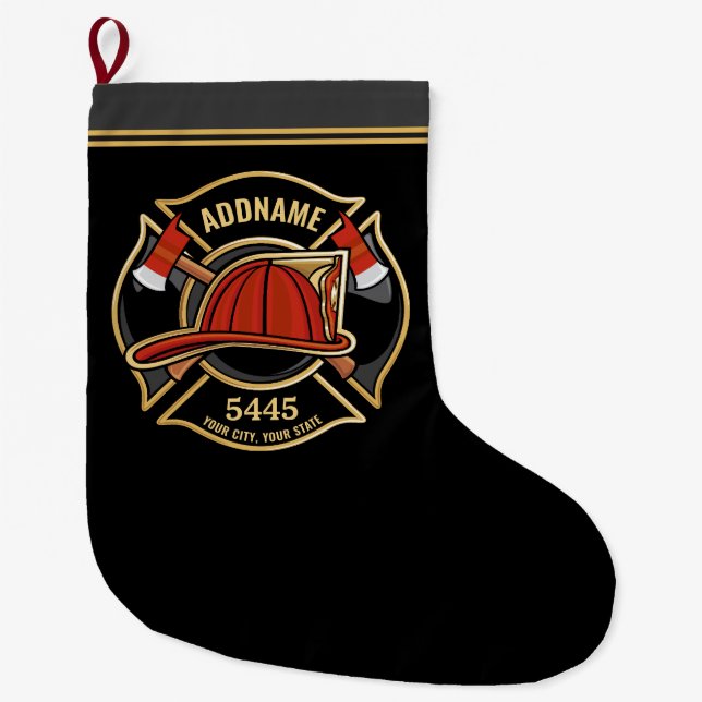 Firefighter ADD NAME Fire Station Department Badge Large Christmas Stocking (Front)