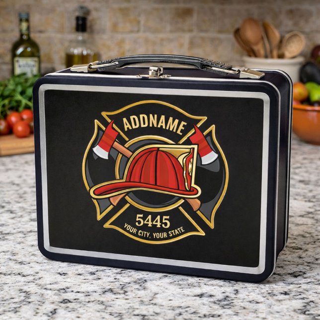 Firefighter ADD NAME Fire Station Department Badge Metal Lunch Box (Creator Uploaded)
