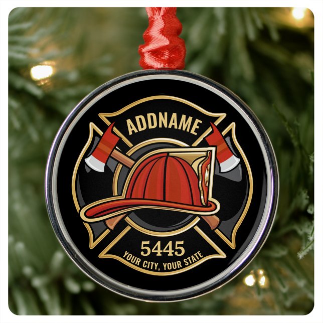 Firefighter ADD NAME Fire Station Department Badge Metal Tree Decoration (Creator Uploaded)