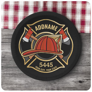 Firefighter ADD NAME Fire Station Department Badge Paper Plate
