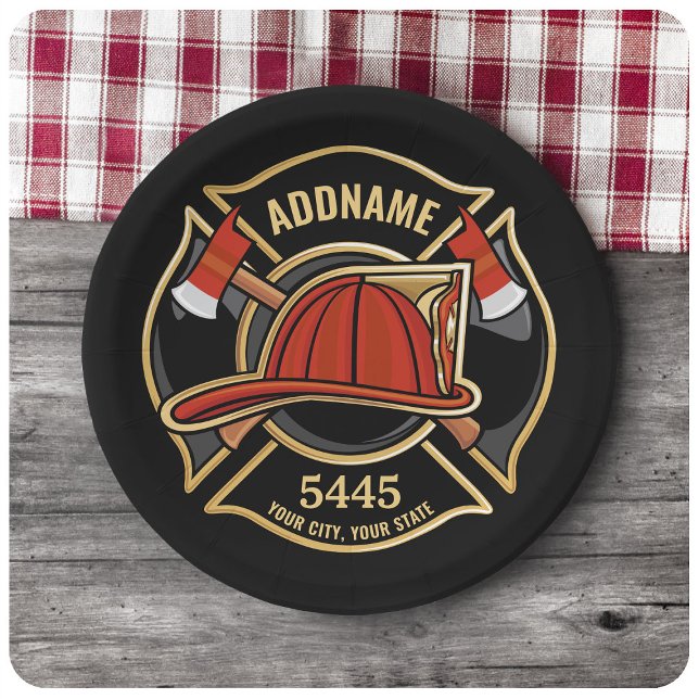 Firefighter ADD NAME Fire Station Department Badge Paper Plate (Creator Uploaded)
