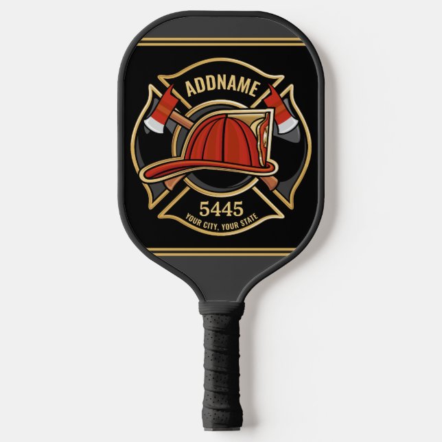 Firefighter ADD NAME Fire Station Department Badge Pickleball Paddle (Front)