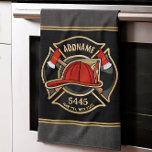 Firefighter ADD NAME Fire Station Department Badge Tea Towel<br><div class="desc">Firefighter NAME Fireman Fire Department - Emblem with Red Helmet and Axe. Customise with your Name,  Station/Dept Number and location.</div>