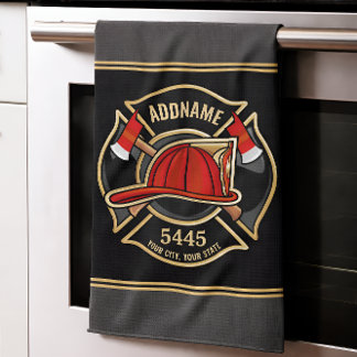 Firefighter ADD NAME Fire Station Department Badge Tea Towel