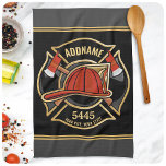 Firefighter ADD NAME Fire Station Department Badge Tea Towel<br><div class="desc">Firefighter NAME Fireman Fire Department - Emblem with Red Helmet and Axe. Customise with your Name,  Station/Dept Number and location.</div>